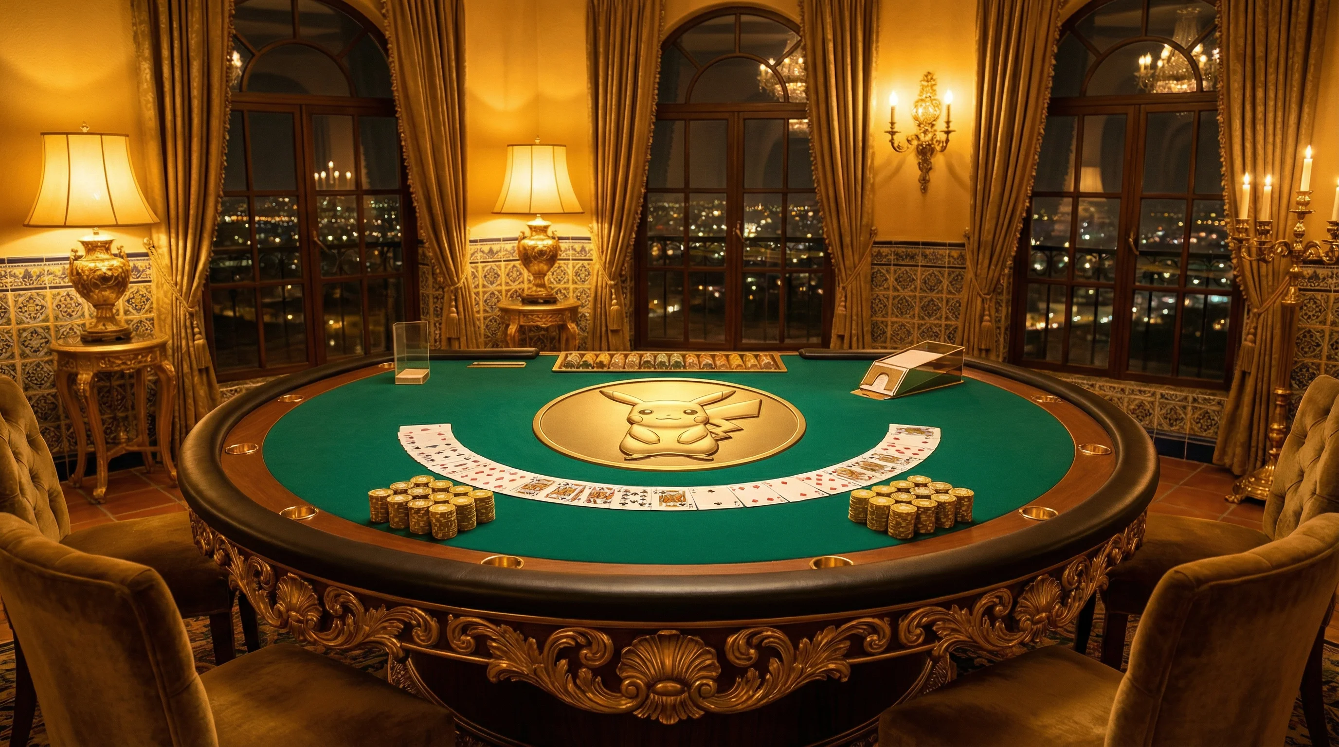 Mesa de bacará elegante con emblema dorado
